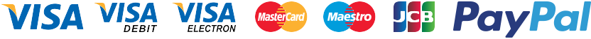 Visa Credit, Visa Debit, Visa Electron, MasterCard Credit, MasterCard Debit, Maestro, JCB, Payments powered by PayPal